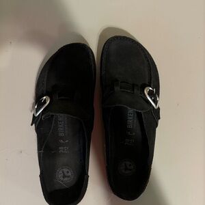Birkenstock Black Suede Slip-Ons with Silver Buckle